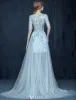 Glamourösen Himmelblau Ballkleider 2016 A-line Spitze Mit Rundhalsausschnitt Applikation Durchbohrt Design Kleid
