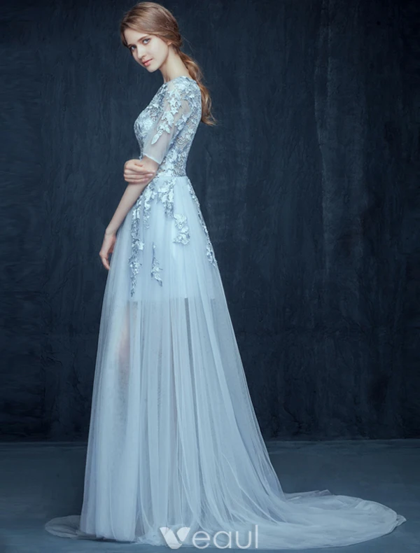 Glamour Robes De Bal Bleu Ciel 2016 Une Ligne Décolleté Dentelle Applique Robe De Conception Percé