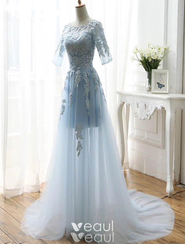 Scoop Neckline Appliqued Lace-up Prom Dress Blue Plus Size main image 1