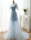 Glamour Robes De Bal Bleu Ciel 2016 Une Ligne Décolleté Dentelle Applique Robe De Conception Percé