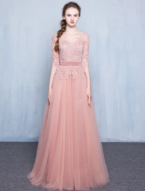 Elegantes Vestidos De Noche De Color Rosa 2016 Una Línea De Cuello Redondo De Encaje Apliques De Tul Vestido Largo De Color Rosa