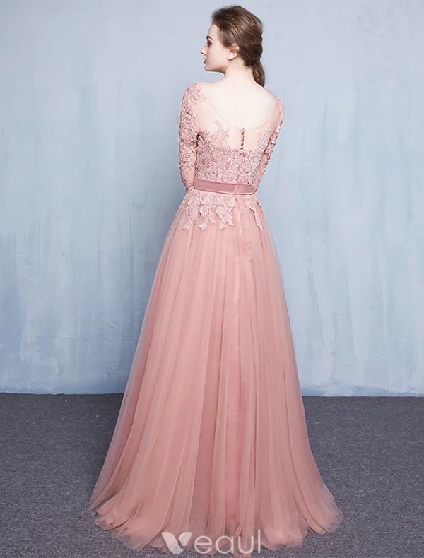 Elegant Pink Evening Dress 2016 A Line Scoop Neck Applique Lace Pink Tulle  Long Dress