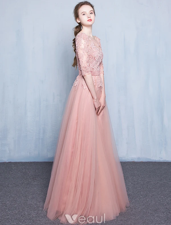 Elegant Pink Evening Dress 2016 A-Line Scoop Neck Applique Lace Pink Tulle Long Dress