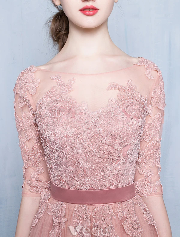 Elegant Pink Evening Dress 2016 A-line Scoop Neck Applique Lace Pink Tulle Long Dress Elegant Pink Evening Dress 2016 A-line Scoop Neck Applique Lace Pink Tulle Long Dress