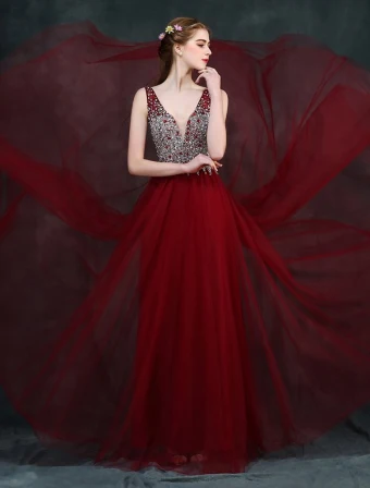 Sparkly Prom Dresses 2016 A Line V Neck Beading Crystal Rhinestone And Pearl Backless Burgundy Dress