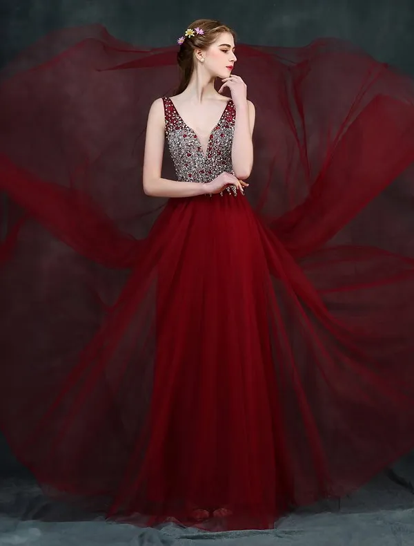 Sparkly Prom Dresses 2016 A-line V-neck Beading Crystal Rhinestone And Pearl Backless Burgundy Dress