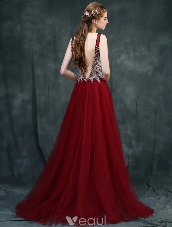 Sparkly Prom Dresses 2016 A-line V-neck Beading Crystal Rhinestone And Pearl Backless Burgundy Dress