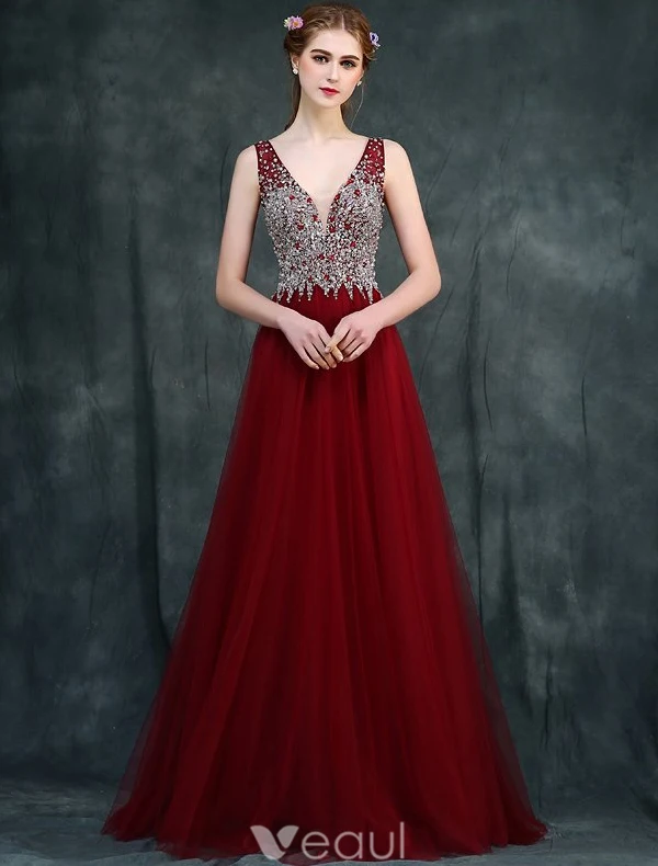 Sparkly Prom Dresses 2016 A-line V-neck Beading Crystal Rhinestone And Pearl Backless Burgundy Dress