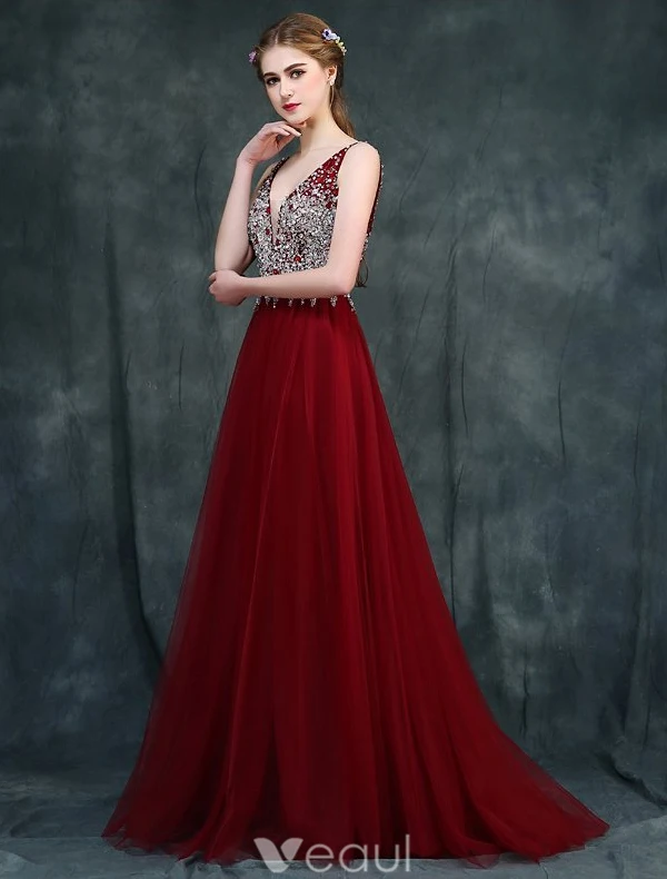 evening dresses 2016 Alex Evenings Petite Long Sleeveless Ombre Glitter Mesh Dress with Cowl Neckline and Cascade Detail Skirt WINE MULTI / 14P main image 1