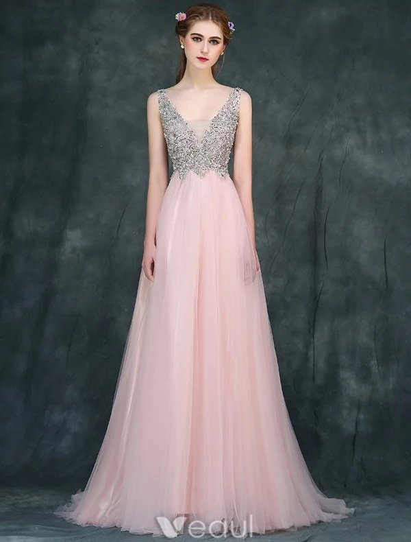 Sparkly Prom Dresses 2016 A-line V-neck Beading Crystal Rhinestone And Pearl Backless Burgundy Dress
