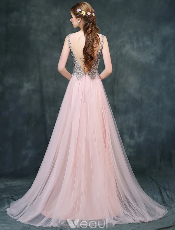 Sparkly Prom Dresses 2016 A-line V-neck Beading Crystal Rhinestone And Pearl Backless Burgundy Dress