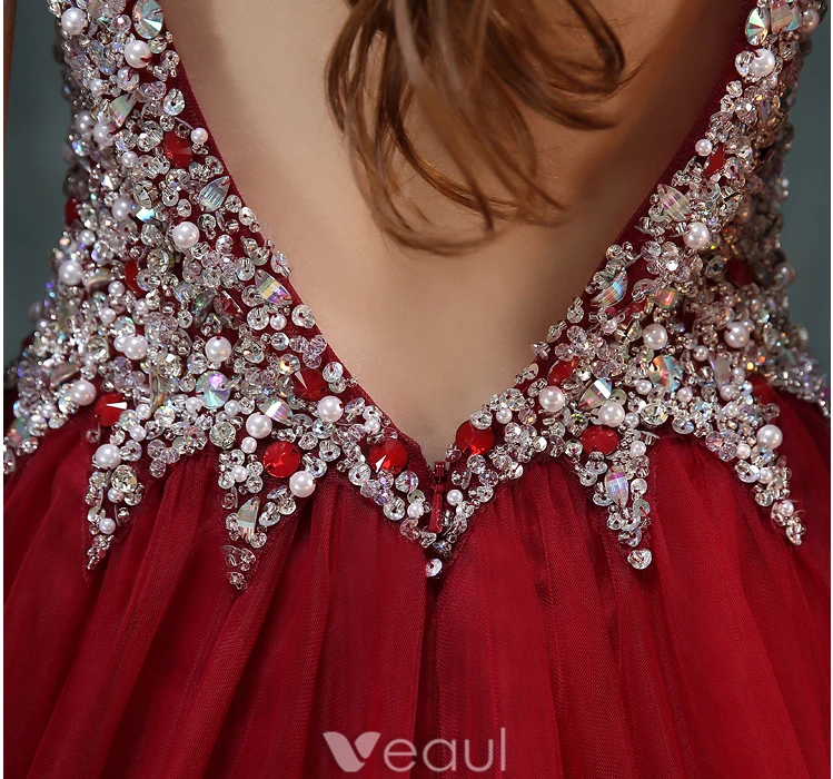 Sparkly Prom Dresses 2016 A-Line V-Neck Beading Crystal Rhinestone and Pearl Backless