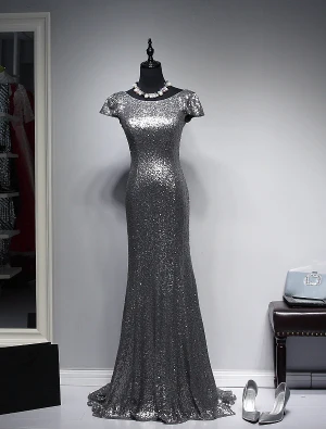 Robe De Soirée Scintillantes 2016 Mancherons Cou Scoop Sirène Argent Sequin Backless Robe De Ceremonie