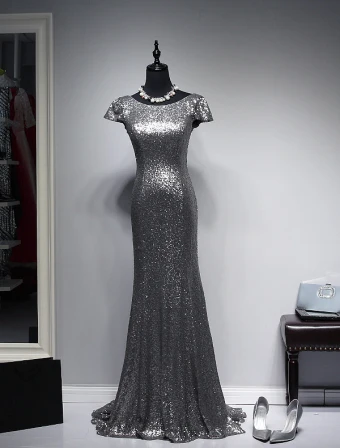 Sparkly Evening Dresses 2016 Mermaid Scoop Neck Cap Sleeves Silver Sequin Backless Formal Dress