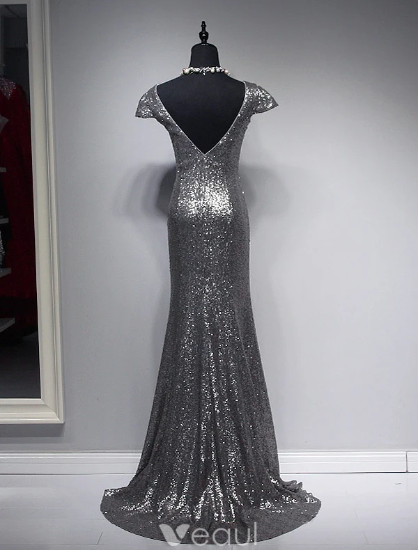 Sparkly Selskapskjoler 2016 Havfrue Scoop Hals Cap Sleeves Sølv Paljett Ryggløse Aftenkjole