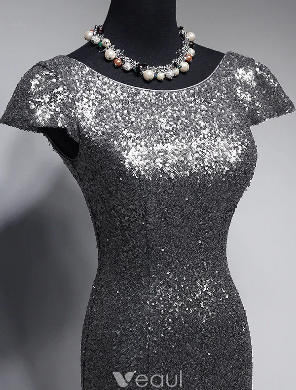 Sparkly Selskapskjoler 2016 Havfrue Scoop Hals Cap Sleeves Sølv Paljett Ryggløse Aftenkjole