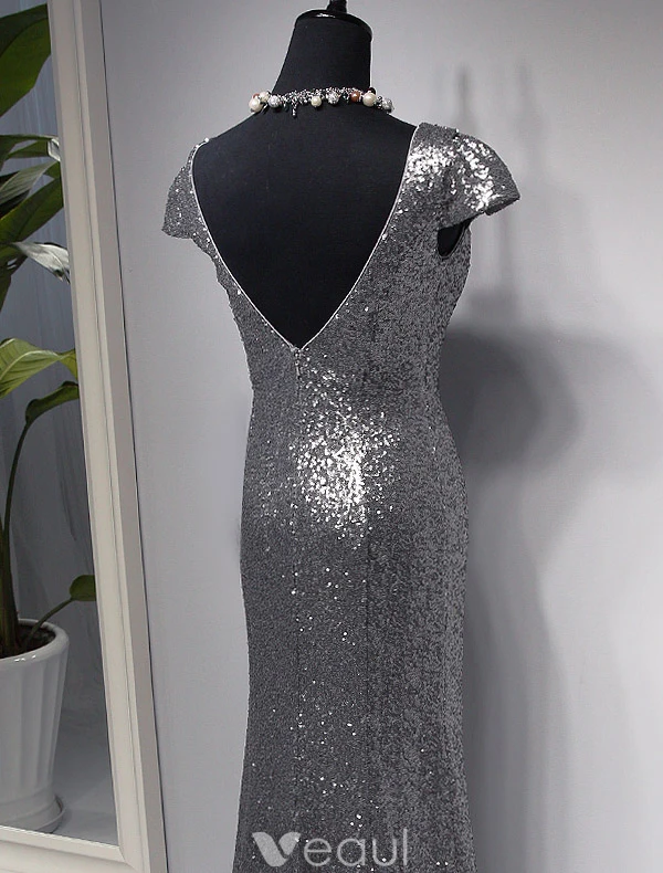 Sparkly Selskapskjoler 2016 Havfrue Scoop Hals Cap Sleeves Sølv Paljett Ryggløse Aftenkjole