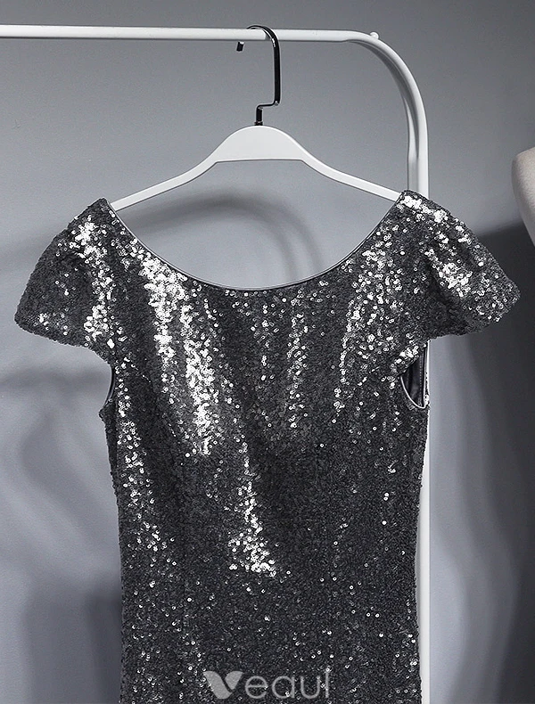 Sparkly Selskapskjoler 2016 Havfrue Scoop Hals Cap Sleeves Sølv Paljett Ryggløse Aftenkjole