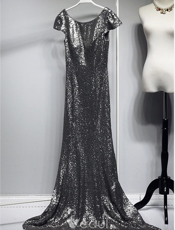 Sparkly Selskapskjoler 2016 Havfrue Scoop Hals Cap Sleeves Sølv Paljett Ryggløse Aftenkjole