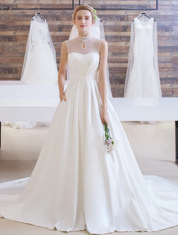 Elegant Wedding Dress 2016 A-line Beading High Pearl Neck Ruffle Satin Bridal Gown With Long Train