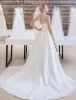 Elegant Wedding Dress 2016 A-line Beading High Pearl Neck Ruffle Satin Bridal Gown With Long Train