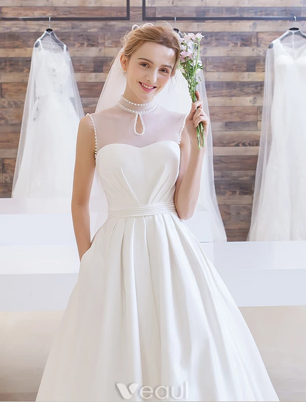 Elegant Wedding Dress 2016 A-line Beading High Pearl Neck Ruffle Satin Bridal Gown With Long Train