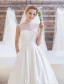 Elegant Wedding Dress 2016 A-line Beading High Pearl Neck Ruffle Satin Bridal Gown With Long Train