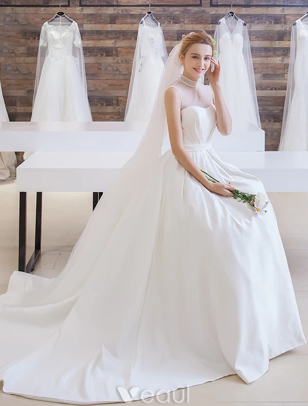 Elegant Wedding Dress 2016 A-line Beading High Pearl Neck Ruffle Satin Bridal  Gown With Long