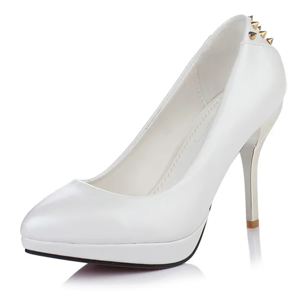 Fashion 4 Inch Stilettos Pumps White High Heels With Metal Rivet