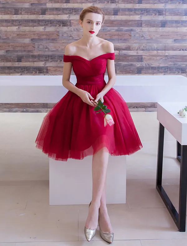 Elegant Party Dress 2016 Off The Shoulder Ruffle Tulle Knee Length Short Burgundy Cocktail Dress