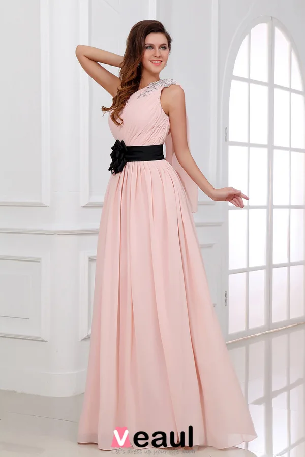 Beautiful Pink Evening Dress One Shoulder Long Formal Dress With Flower Sash