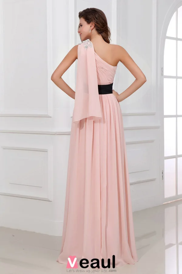 Beautiful Pink Evening Dress One Shoulder Long Formal Dress With Flower Sash