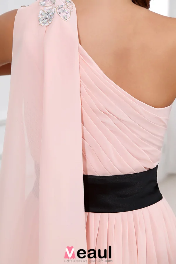 Beautiful Pink Evening Dress One Shoulder Long Formal Dress With Flower Sash