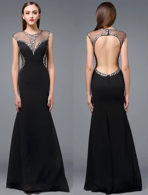 Hermoso Vestido De Noche 2016 Cristales Sirena Escote Redondo Del Rhinestone Que Rebordea El Vestido Largo Sin Espalda