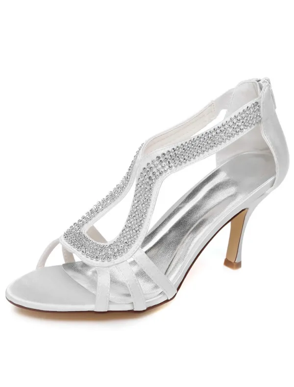 Sparkly White Wedding Sandals 3 Inch Stiletto Heels Peep Toe Bridal Shoes With Rhinestone