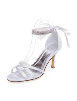 Strappy Wedding Sandals With Rhinestone Ankle Strap Stiletto Heels Peep Toe Bridal Shoes