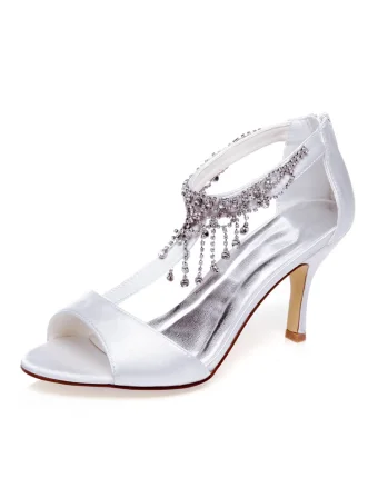Piękne Sandały Ślubne Z Paskiem Na Kostce Szpilki Peep Toe Buty Ślubne Rhinestone Pomponem