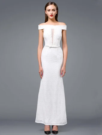 Fashion White Evening Dress 2016 Mermaid Off The Shoulder Beading White Lace Long Dress With Sash