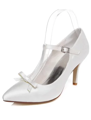 Classic White Wedding Shoes Stiletto Heels Pumps Satin Bridal Shoes With Bow