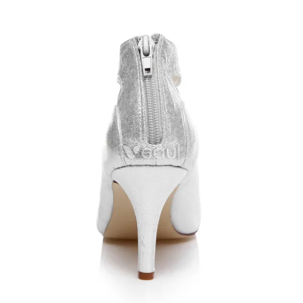 Sparkly Silver Bridal Shoes Stiletto Heels Wedding Shoes Glitter Pumps With Ankle Strap