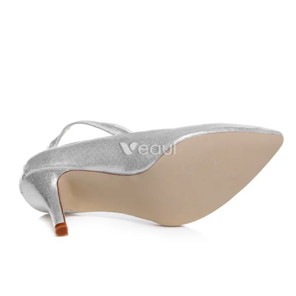 Sparkly Silver Bridal Shoes Stiletto Heels Wedding Shoes Glitter Pumps With Ankle Strap
