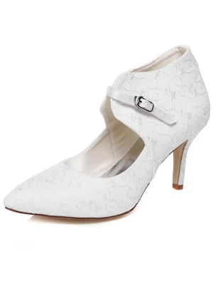 Elegante Kant Bruidsschoenen Naaldhakken Witte Trouwschoenen Enkellaarsjes