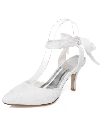 Beautiful Embroidered Satin Bridal Shoes Stiletto Heels White Wedding Sandals With Ankle Strap