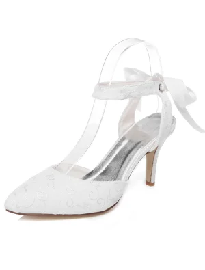 Beautiful Embroidered Satin Bridal Shoes Stiletto Heels White Wedding Sandals With Ankle Strap