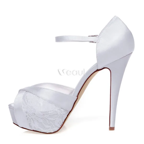 Schöne Brautsandalen Peep Toe Mit Knöchelriemen  Stilettos Spitze Brautschuhe High Heels Mit Plateau