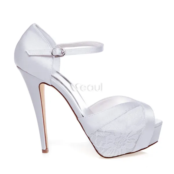 Schöne Brautsandalen Peep Toe Mit Knöchelriemen  Stilettos Spitze Brautschuhe High Heels Mit Plateau