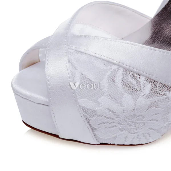 Schöne Brautsandalen Peep Toe Mit Knöchelriemen  Stilettos Spitze Brautschuhe High Heels Mit Plateau