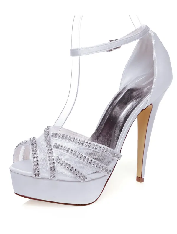 Chic White Wedding Sandals With Ankle Strap Stiletto Heels Bridal Shoes High Heels With Rhinestone