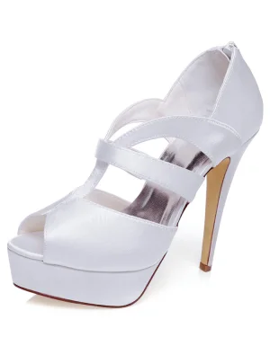 Elegant Hvitt Brudesandaler 13 Cm Stiletthæler Med Plattform Peep Toe Brudesko