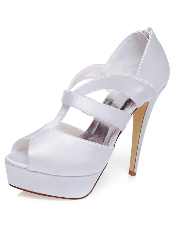 Elegant White Wedding Sandals 5 Inch Stiletto Heels With Platform Peep Toe Bridal Shoes